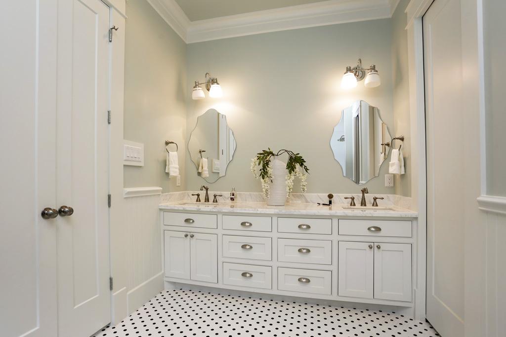 Gray Bathroom Double Vanity White Tile Floor