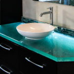 Glass Countertop Vanity with Thick Vessel Sink